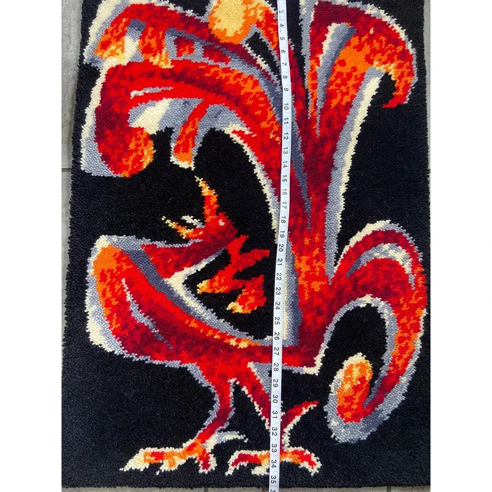 Junghans-Wolle, Germany, 70's, Handwoven‎ Wool Rug, Tapestry, Folk , rooster MCM